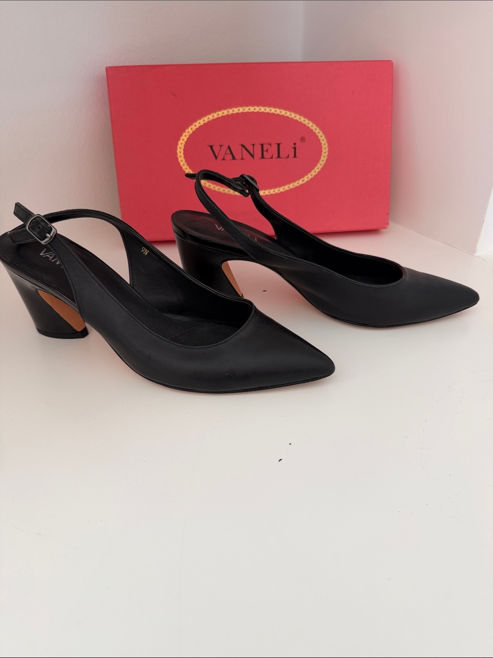 Vaneli 9 Narrow Black Leather Slingback Pointed-Toe Block Heels